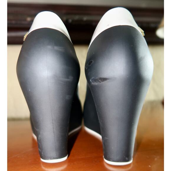 Melissa Black Block Wedges Peep Toe White Detail Pin-up Rockabilly Rubber Size 8 - Picture 6 of 10